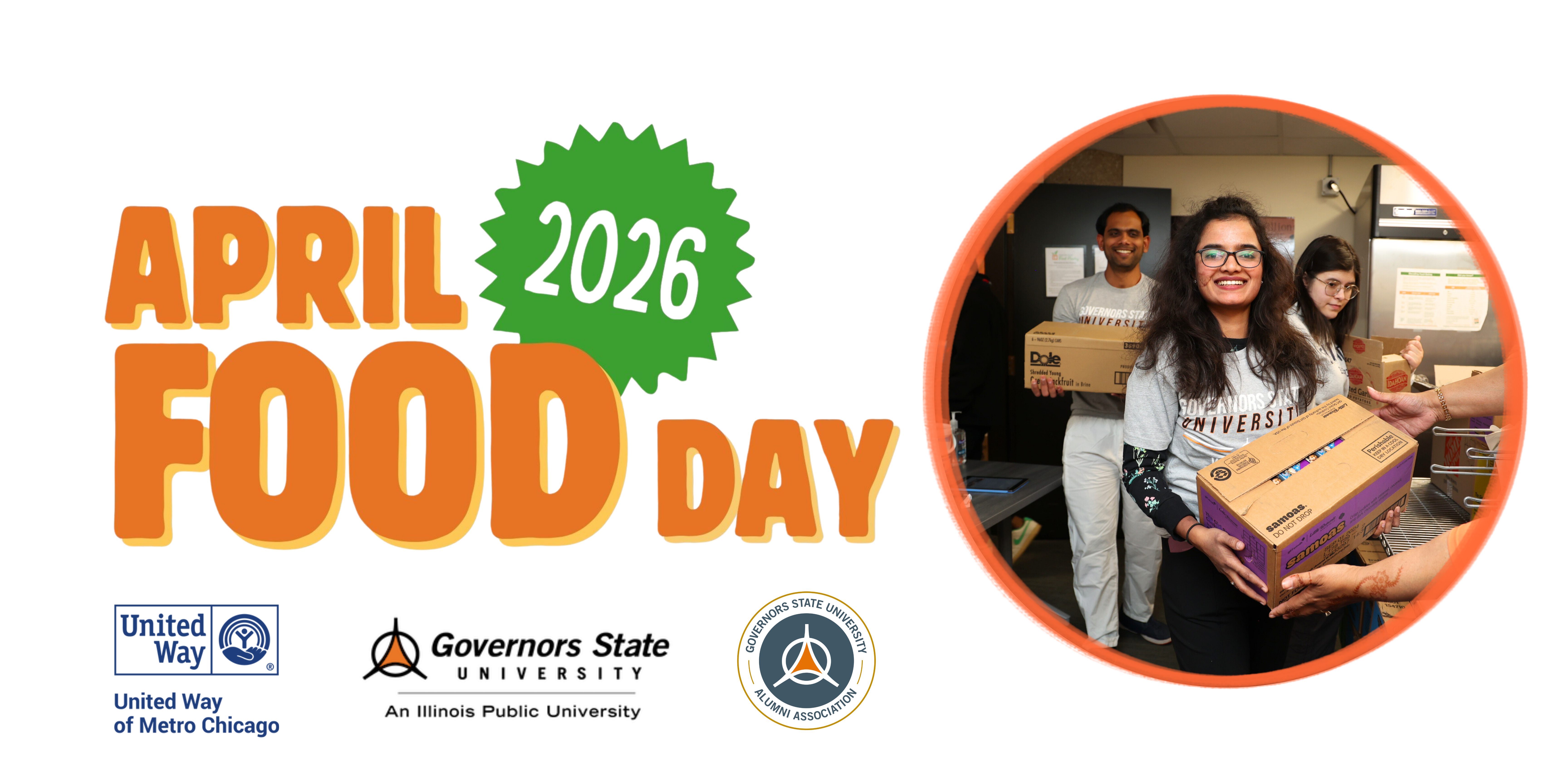 Graphic for April Food Day 2026 featuring a smiling woman volunteering, alongside the logos of United Way of Metropolitan Chicago, Governors State University, and the The Alumni Association at Governors State University.